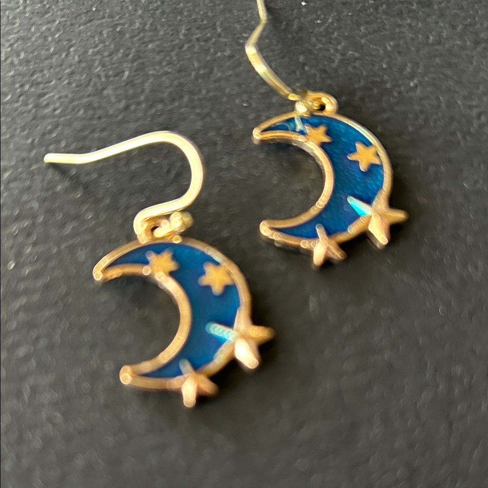 Celestial Blue and Gold Starry Moon Earrings